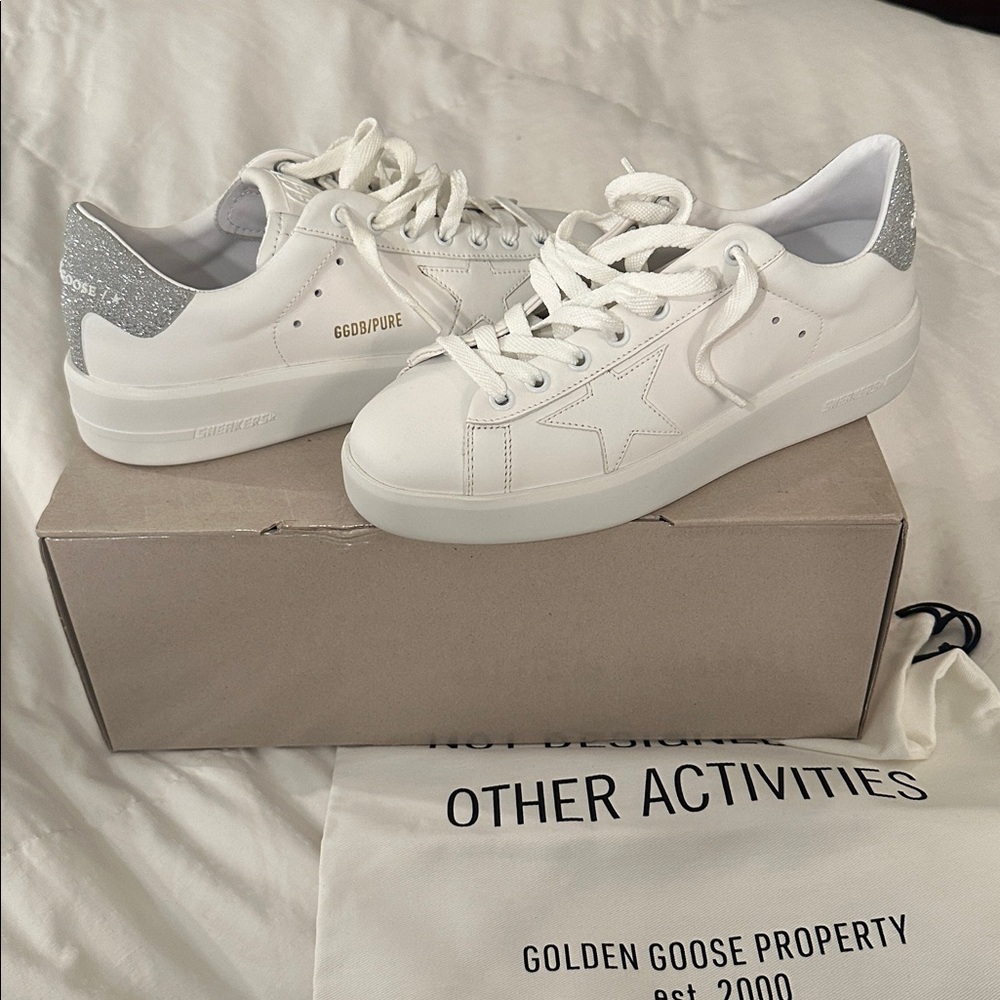 Golden Goose white leather silver glitter heel sneaker